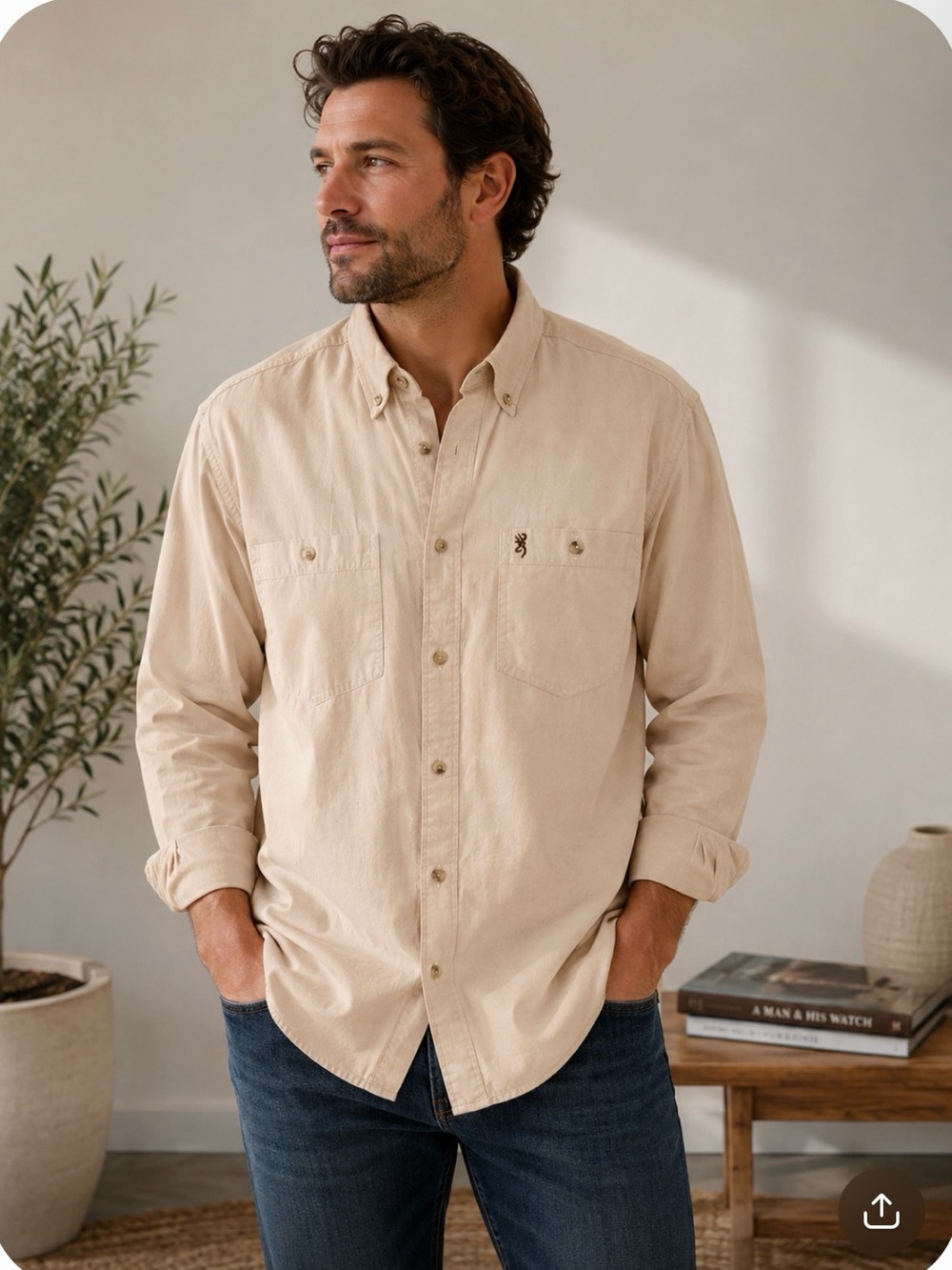 Browning Men’s Beige Button Down Utility Hunting Shirt Long Sleeve Outdoor